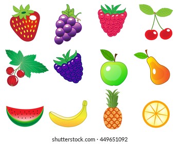 cute cartoon different fruits icons set, vector illustration