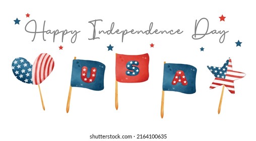 cute cartoon Digital painting watercolor 4th of July USA Flag element, Independence day element.