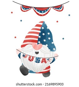 cute cartoon Digital painting watercolor 4th of July Gnome holding USA Flag banner garland element, Independence day element.