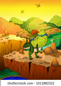 Cute cartoon dilophosaur with landscape background. Vector illustration of a cartoon dinosaur.