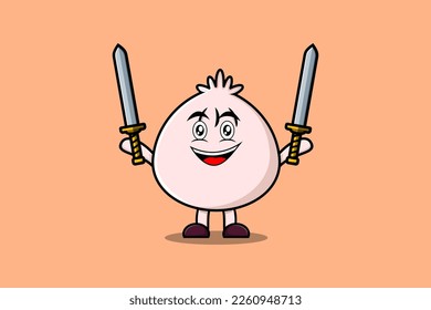 Cute cartoon Dim sum character holding two sword in 3d modern design illustration