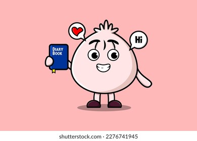 Cute cartoon Dim sum character holding diary book illustration with happy expression