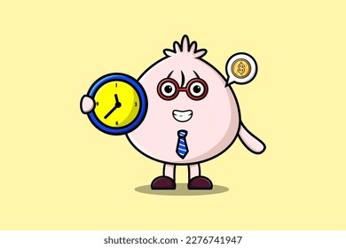 Cute cartoon Dim sum character holding clock illustration with happy expression
