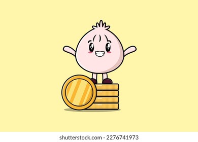 Cute cartoon Dim sum character standing in stacked gold coin vector illustration in flat cartoon