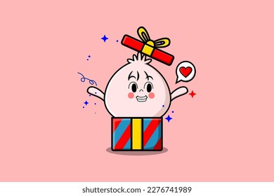 Cute cartoon Dim sum character coming out from big gift box look so happy flat cartoon style