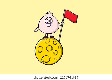 Cute cartoon Dim sum character standing on the moon with flag in 3d modern design illustration