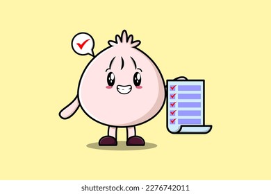 Caricatura corta personaje de Dim sum sosteniendo una nota de la lista de verificación en el estilo de dibujo plano concepto