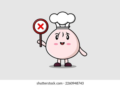 cute cartoon Dim sum chef holding wrong sign board in vector character illustration