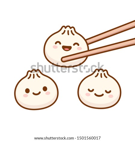 Cute cartoon Dim Sum doodle drawing. Traditional Chinese dumplings with funny smiling faces. Kawaii asian food vector illustration.