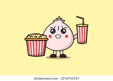 Dibujo lindo Dim sum con palomitas de maíz y bebida lista para ver películas en el cine