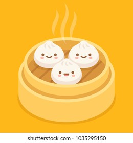 Cute cartoon Dim sum, traditional Chinese dumplings, with funny smiling faces. Kawaii asian food vector illustration.