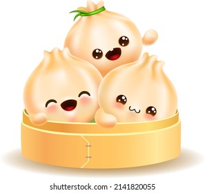 Cute cartoon dim sum in wooden box. traditional Chinese dumplings with funny smiling faces. funny Asian food. vector cartoon character illustration