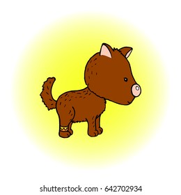 Cute cartoon dingo dog. Puppet animal character vector illustration. Lovely animal for baby shower or child birthday invitation. Brown dog pet with tribal ornament design element. Comic greeting card