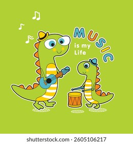 cute cartoon dino animal playing music, Flat Vector Illustration