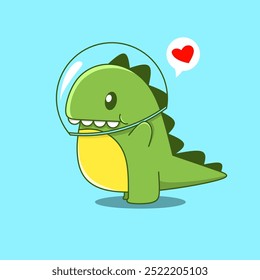 Cute cartoon dino astronaut with heart and using Helem glass 
