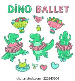 Cute cartoon dino ballerinas. Ballet illustration.