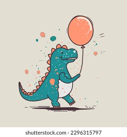 Cute cartoon dino with birthday balloon. Vector Illustration