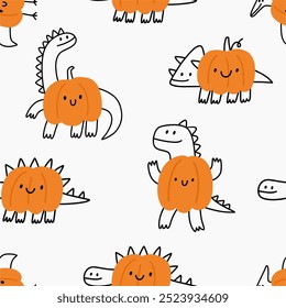 Cute cartoon dino in doodle style. Halloween Dinosaur - Playful vector seamless pattern