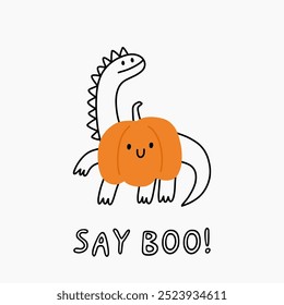 Cute cartoon dino in doodle style. Halloween Dinosaur - Playful vector print.