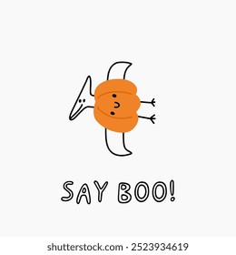 Bonito dino desenhos animados em estilo doodle. Hallowin Dinosaur - Impressão vetorial lúdica.