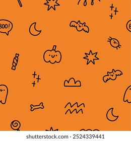 Cute cartoon dino in doodle style. Halloween Dinosaur - Playful vector seamless pattern