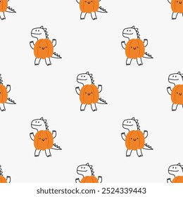 Cute cartoon dino in doodle style. Halloween Dinosaur - Playful vector seamless pattern