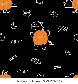 Cute cartoon dino in doodle style. Halloween Dinosaur - Playful vector seamless pattern