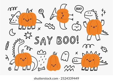 Cute cartoon dino in doodle style. Halloween Dinosaur - Playful vector set