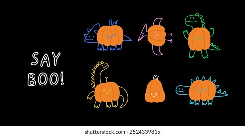 Cute cartoon dino in doodle style. Halloween Dinosaur - Playful vector set