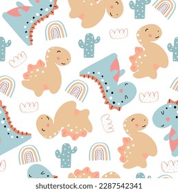 Cute cartoon dino  in flat style. Dinosaur summer seamless pattern