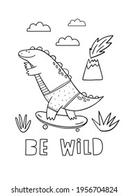 Cute cartoon dino on a skateboard in doodle style. Dinosaur coloring page