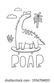Cute cartoon dino on a skateboard in doodle style. Dinosaur coloring page