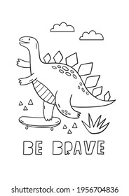 Cute cartoon dino on a skateboard in doodle style. Dinosaur coloring page