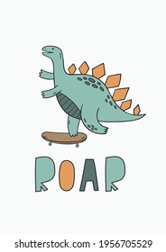 Cute cartoon dino on a skateboard in doodle style. Dinosaur summer print