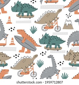 Cute cartoon dino on a skateboard, bike, surf, scooter in flat style. Dinosaur summer seamless pattern