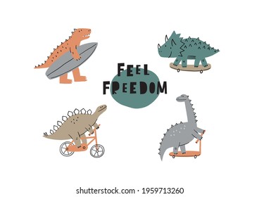 Cute Cartoon Dino On A Skateboard, Bike, Surf, Scooter In Flat Style. Dinosaur Summer Set