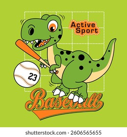 Cute cartoon dino playing baseball , Flat Vector Illustration