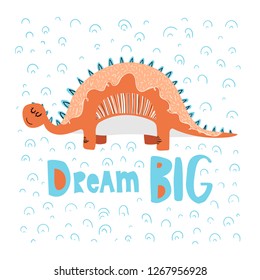 Cute cartoon dino in scandinavian style, isolated on white background with lettering, vector illustration for children, nursery poster, print or greeting card