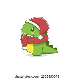 Cute cartoon dino is wearing christmas clothes and celebrating christmas and new year 