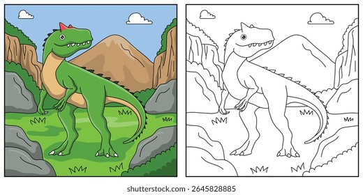 Desenho animado bonito Dinossauro Allosaurus, ilustração engraçada, livro de colorir para crianças e crianças.