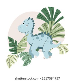 Cute cartoon dinosaur among tropical plants. Ancient lizard in flat style. Children's illustration of brontosaurus for design of clothes, wallpaper, greeting cards, etc.