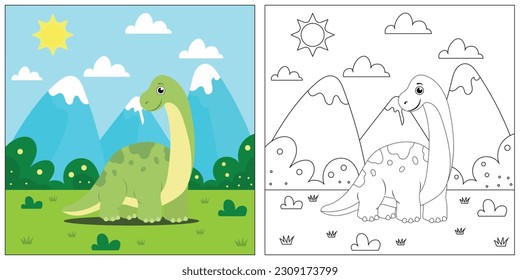 cute cartoon dinosaur apatosaurus, funny illustration, coloring book for kids and children.