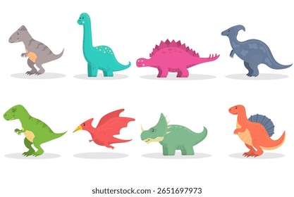 Desenho animado bonito dinossauro bebê dino vetor crianças isoladas feliz aniversário animal ilustração fundo design colorido personagem plano engraçado fantasia selvagem réptil pré-histórico tiranossauro 