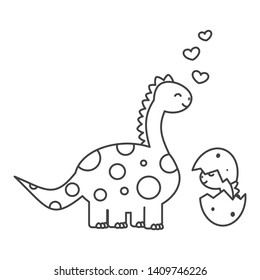 cute cartoon dinosaur with baby funny vector black and white illustration for coloring art 