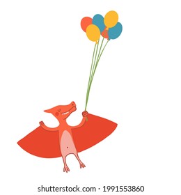 Cute cartoon dinosaur with ballons. childish festive dinos flat illustration. Happy Birthday concept. Vector animal character. Perfect for greeting card, sublimation printing on t shirt, mug, poster