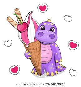 Cute cartoon dinosaur and big ice cream  Summer animal vector illustration white background and pink hearts  