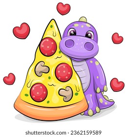 Cute cartoon dinosaur with a big piece of pizza. Vector illustration of animal on a white background with red hearts.