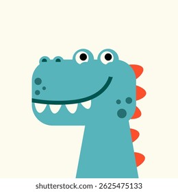 Cute cartoon dinosaur with big smile and red spikes on light background. Fun kids vector illustration.