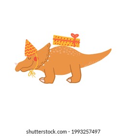 Cute cartoon dinosaur with birthdays hat and presents. childish festive dinos flat illustration. Happy Birthday concept. Vector animal character. Perfect for greeting card, sublimation printing 