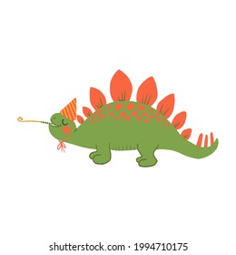 Cute cartoon dinosaur with birthdays hat. childish festive dinos flat illustration. Happy Birthday concept. Vector animal character. Perfect for greeting card, sublimation printing on t shirt, mug